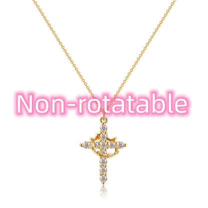 Fashion Jewelry Cross Full Diamond Crown Rotatable Necklace
