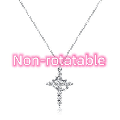 Fashion Jewelry Cross Full Diamond Crown Rotatable Necklace
